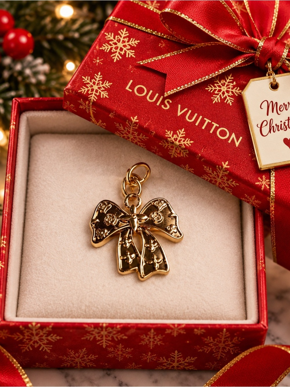 Luxury Louis Vuitton stamped Gold Bow Pendant Charm/ zipper pull- New